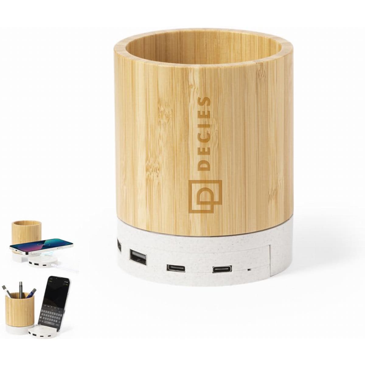 A bamboo desk organiser with multiple USB ports and a smooth white base, featuring a logo on the front.
