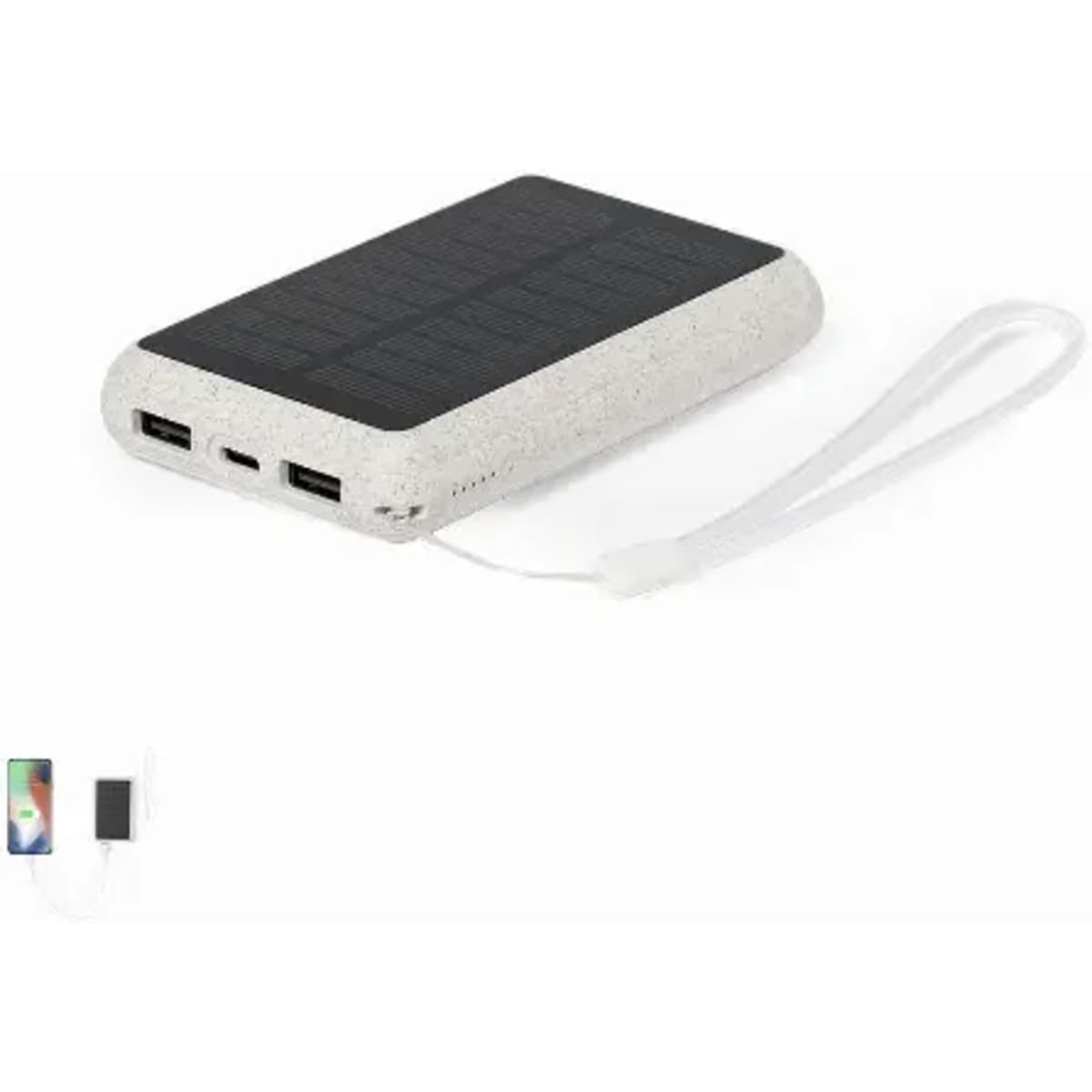 A solar power bank in grey with a textured top, featuring multiple USB ports and a wrist strap.