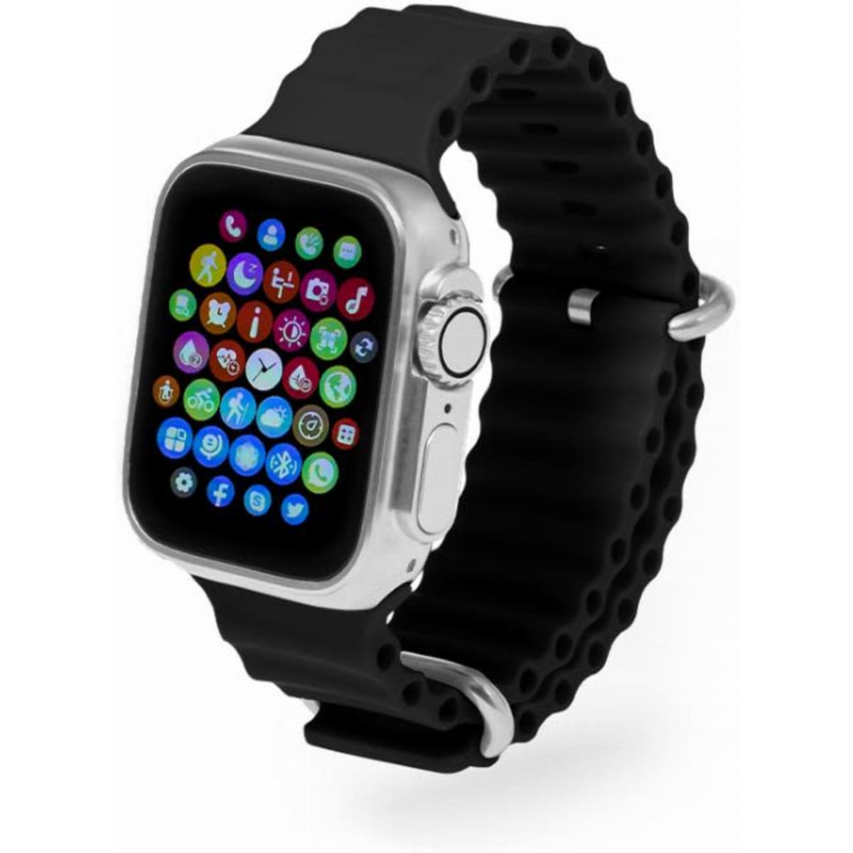 A smartwatch with a black rubber strap and a touchscreen displaying various app icons. It features a metallic bezel.