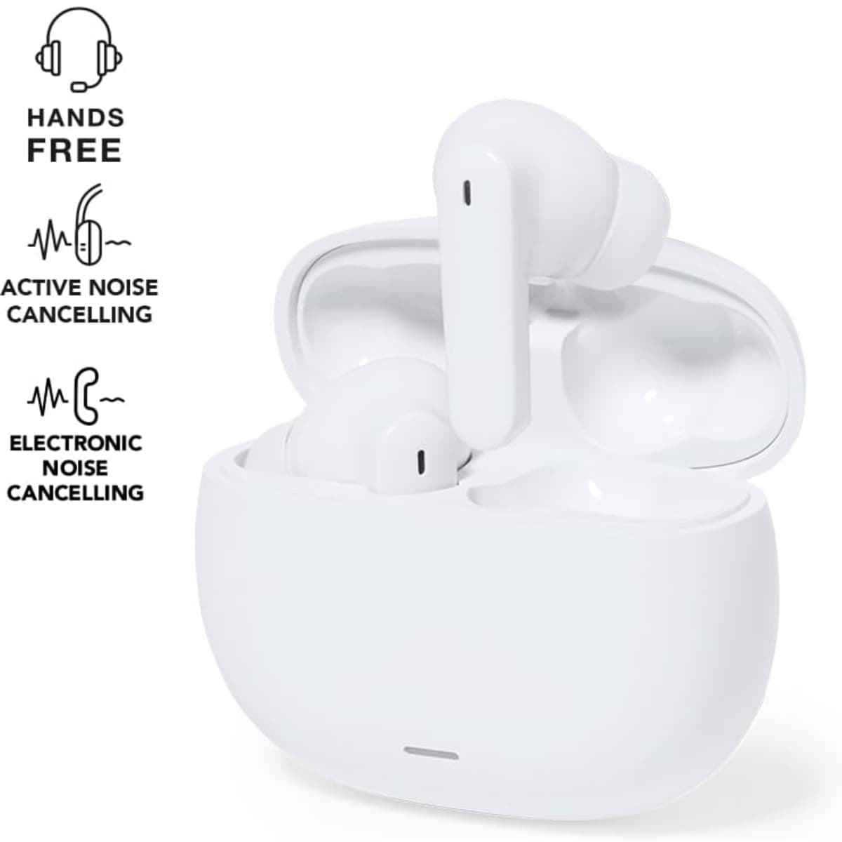 A set of white wireless earbuds in their charging case, featuring a logo.