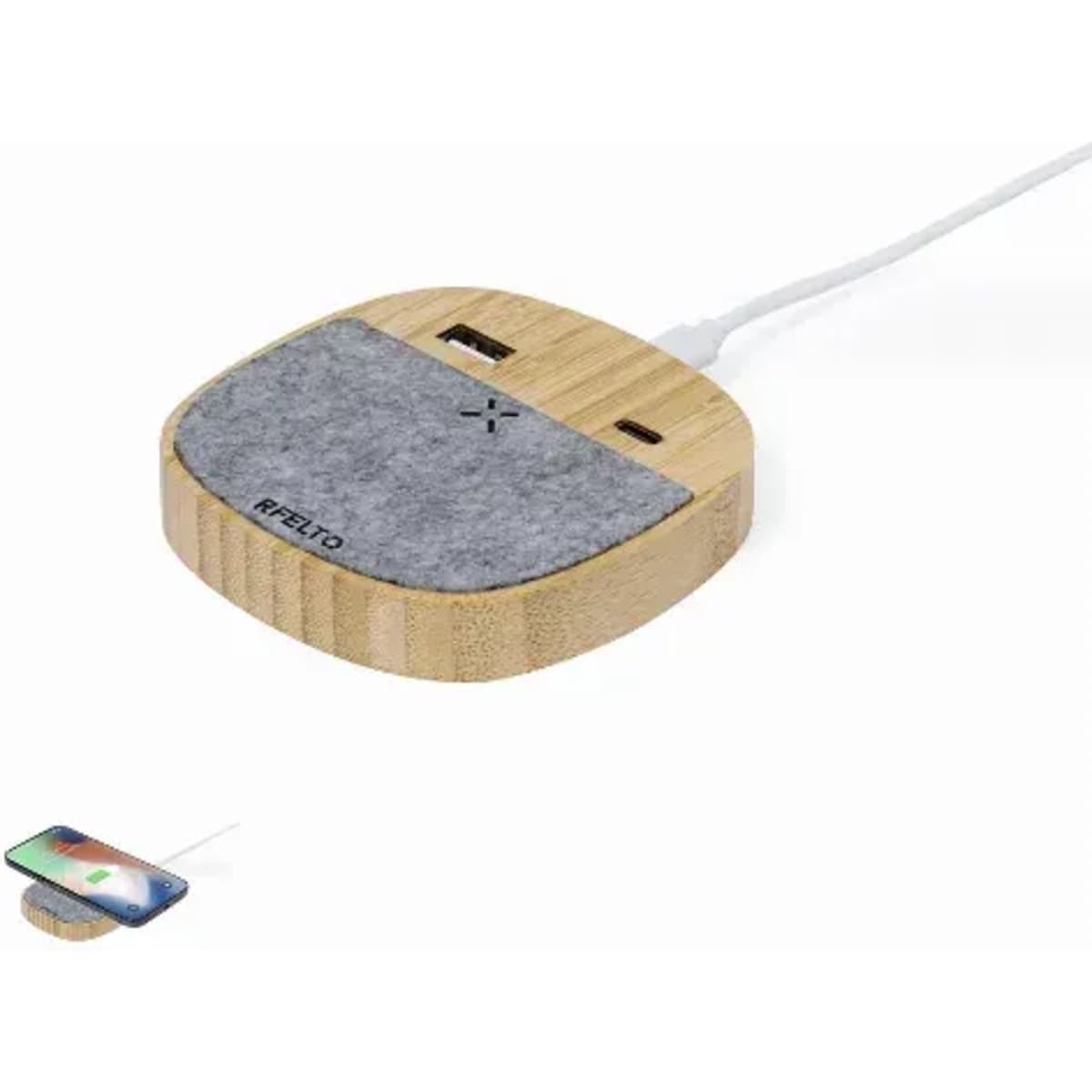 A wooden charging pad with a grey felt surface and two USB ports, connected by a white cable.