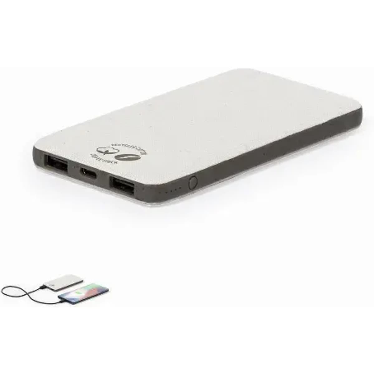 A portable power bank in grey and white with USB ports and a logo.