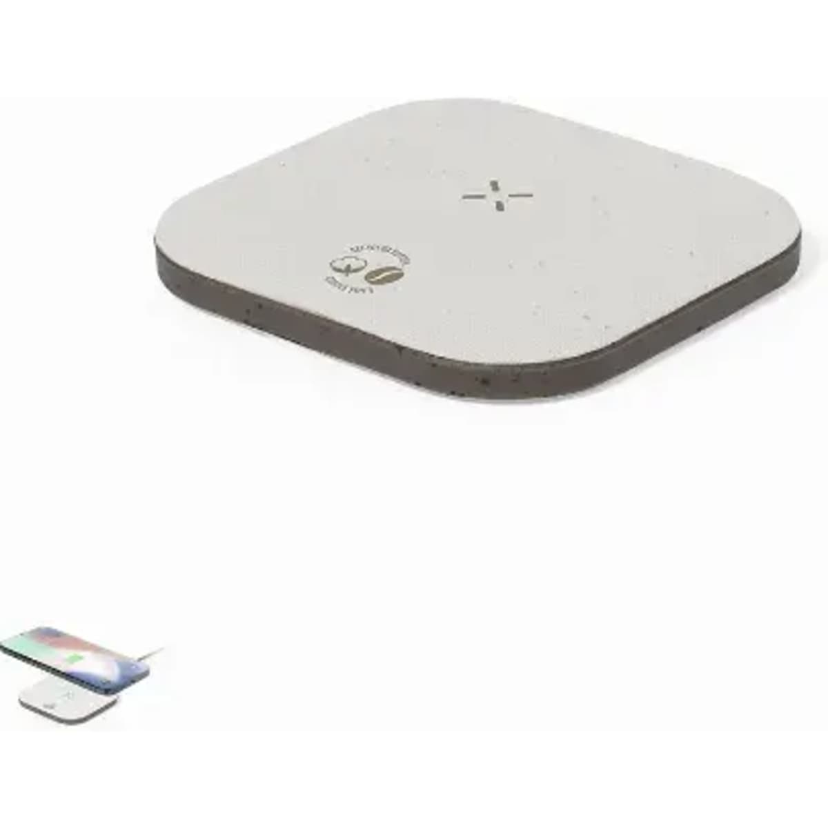 A wireless charger in a square shape with a light grey surface and darker grey base. It features a logo.