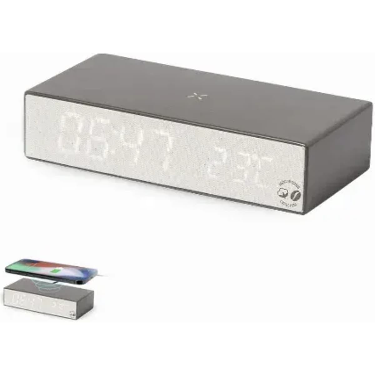 A sleek brown alarm clock with a digital display, featuring a wireless charging pad for smartphones.