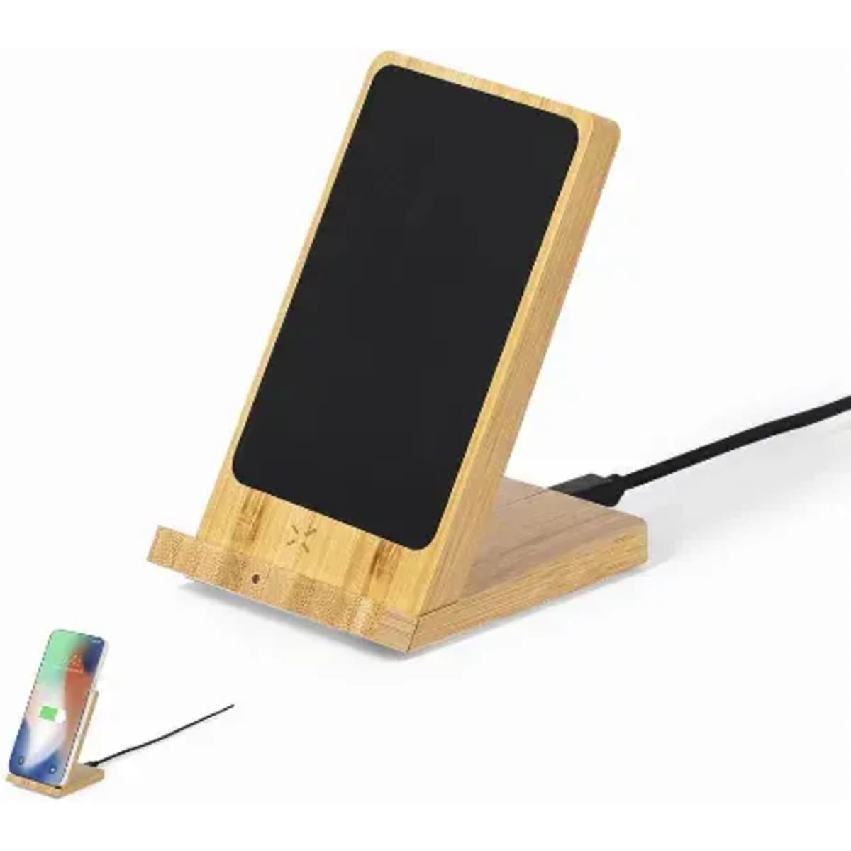 A bamboo wireless charger stand with a sleek black charging surface and a phone positioned beside it.