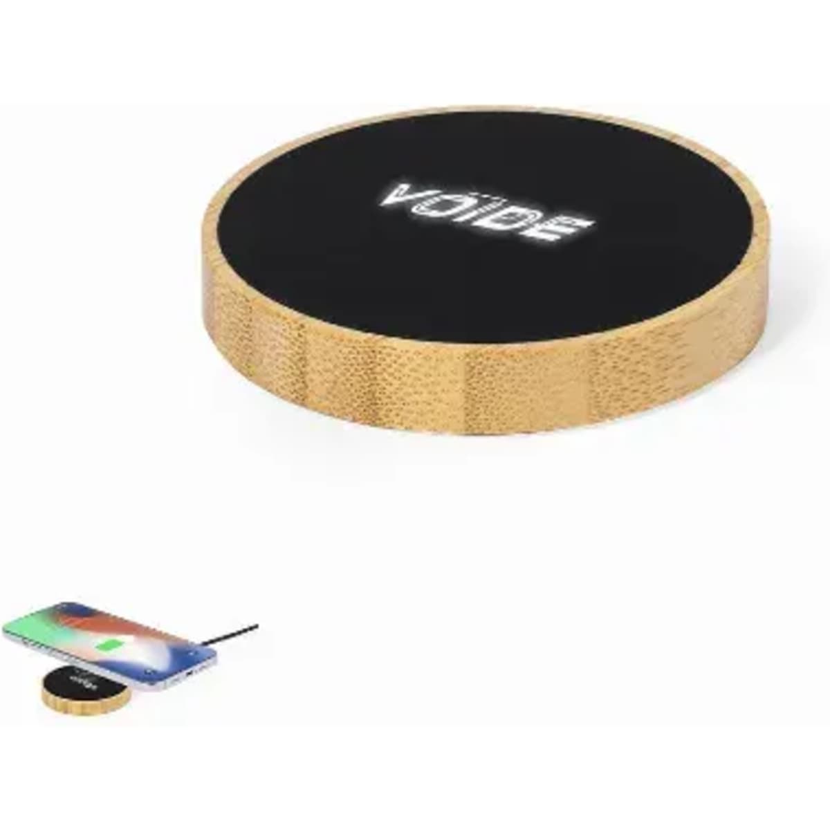 A round wireless charging pad in black and gold, featuring a logo on its surface.