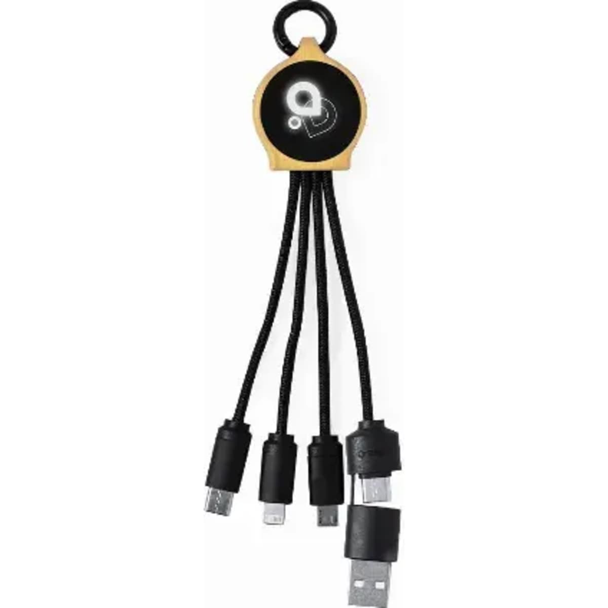 A multi-charging cable with a black and gold design, featuring four different connectors for various devices.