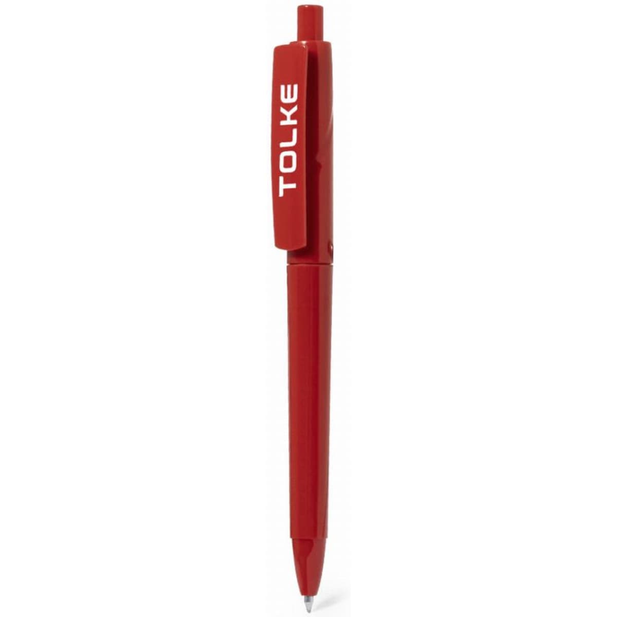 A red pen featuring a clip and a branded logo. The pen has a sleek design and a glossy finish.