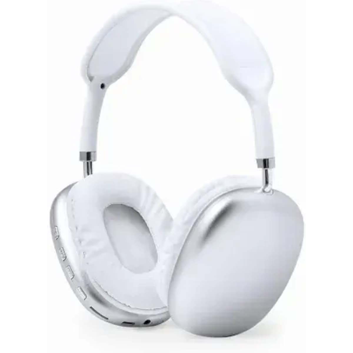 A pair of over-ear headphones in white with silver accents, featuring plush ear cushions and a sleek design.