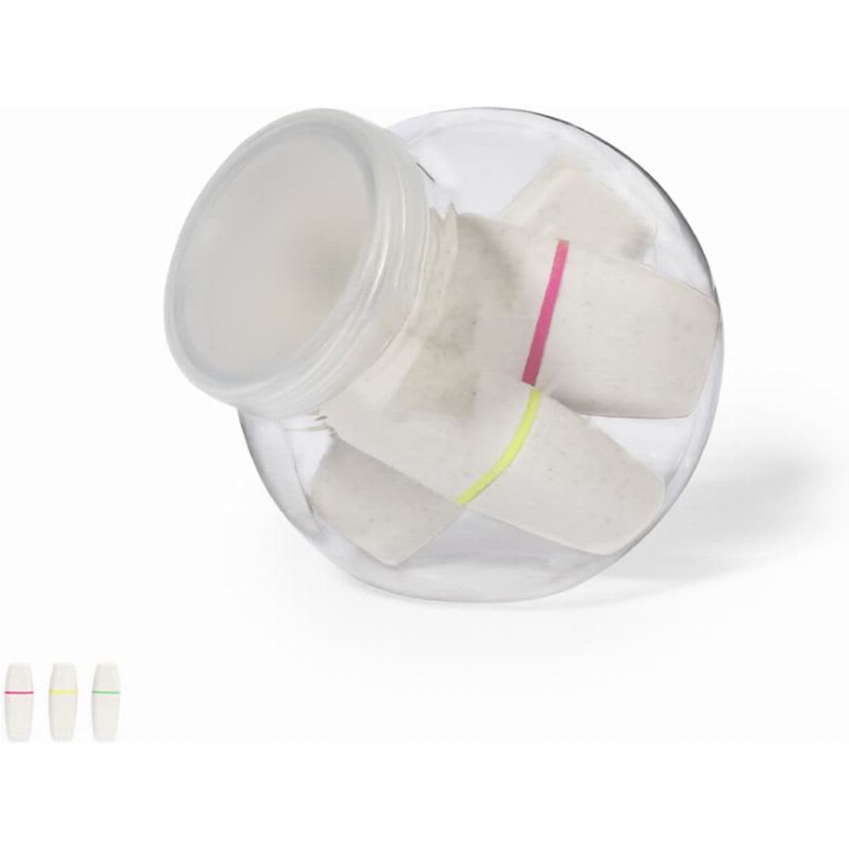 A clear jar containing several cylindrical white products, each secured with coloured bands. The jar has a white lid.
