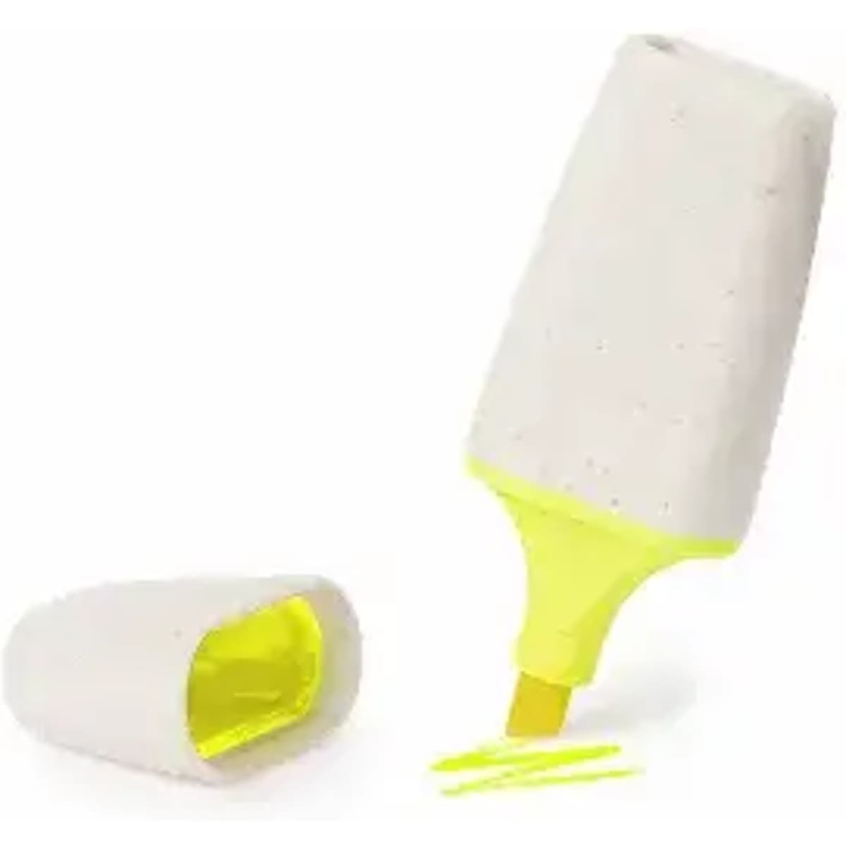 A drink bottle in white with a bright yellow base, featuring a detachable lid and a logo.