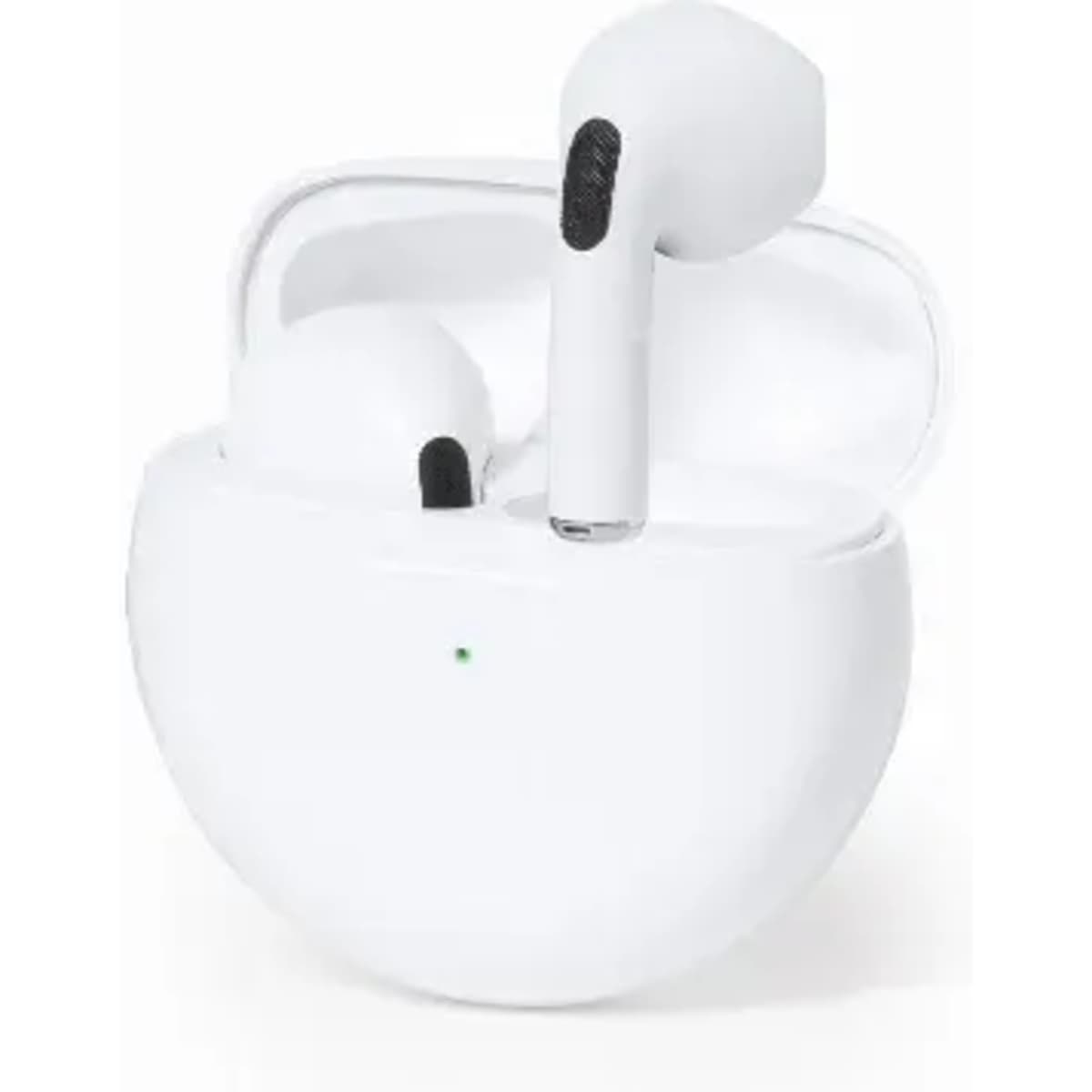 A pair of white wireless earbuds in a charging case, featuring a minimalist design and a small status light.