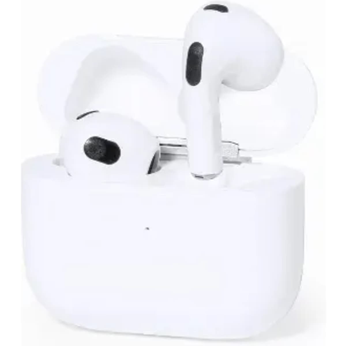 A pair of white wireless earbuds in a charging case, featuring a sleek design and a black accent.