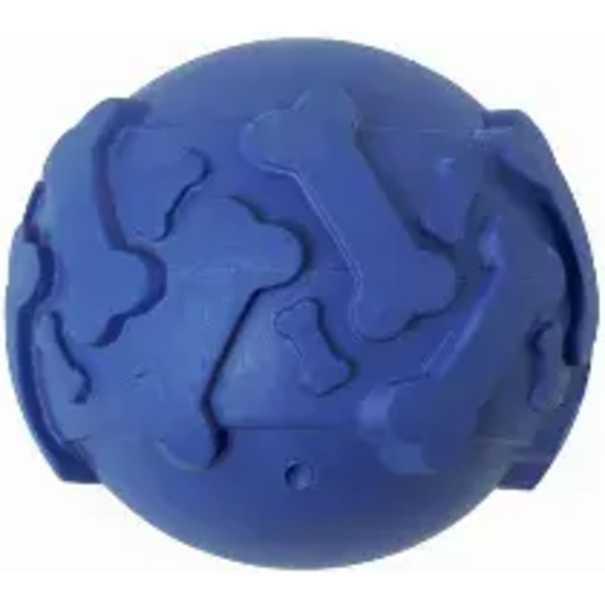 A rubber dog toy in a blue colour, shaped like a ball with raised bone patterns on its surface.