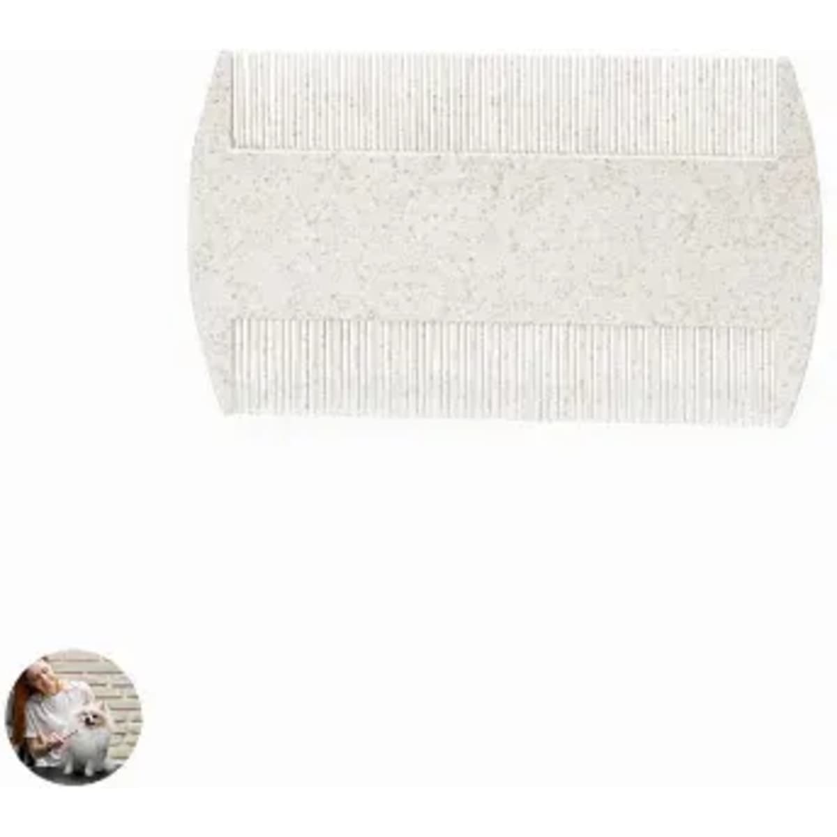 A pet grooming comb in light grey, featuring wide and fine teeth for effective grooming, with a circular image of a pet in the corner.