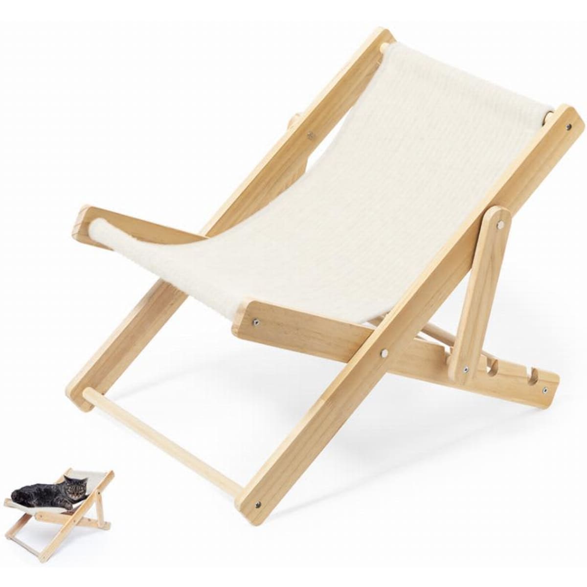A lightweight wooden chair with a cream fabric seat, featuring a folding design for easy storage.