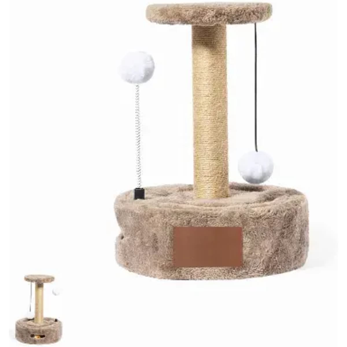 A cat scratcher with a round base, covered in brown fabric, featuring a tall post, two white balls, and a string.