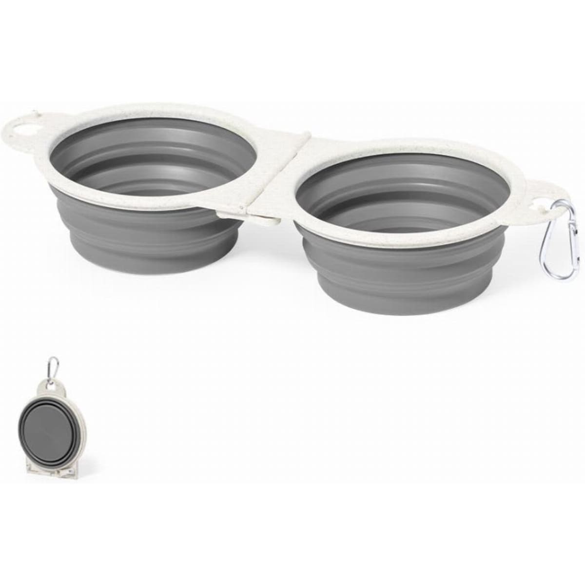 A drink bottle with two grey, collapsible cups and a silver carabiner for easy attachment. It has a simple design.