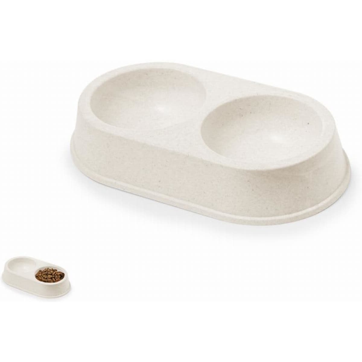 A dual pet food bowl in a light, textured beige colour made from environmentally friendly materials.