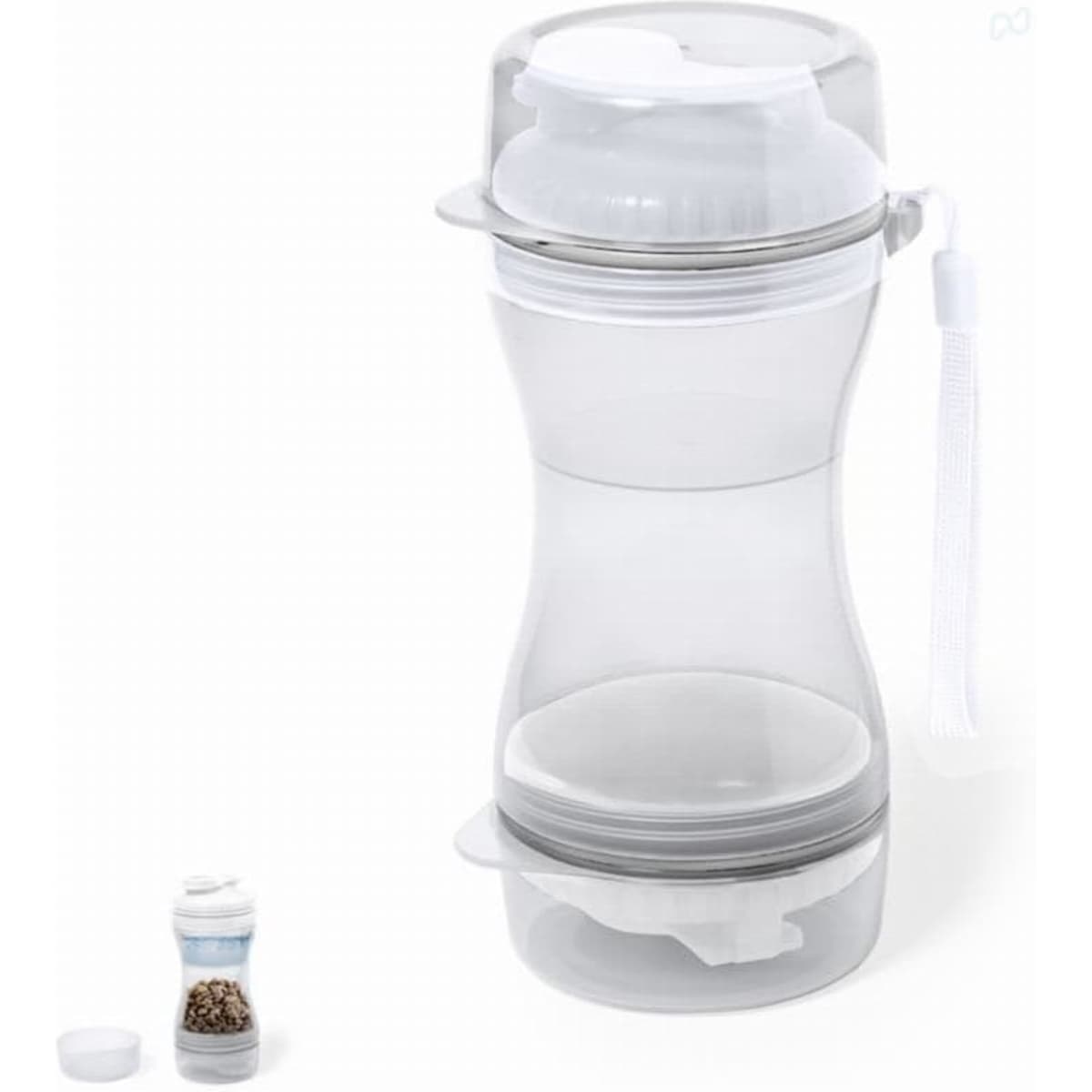 A drink bottle with a clear body, grey accents, and a detachable compartment for storing items. It features a logo.