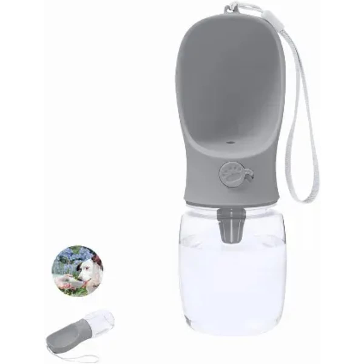 A drink bottle with a grey top and clear base, featuring a logo and a strap for easy carrying.