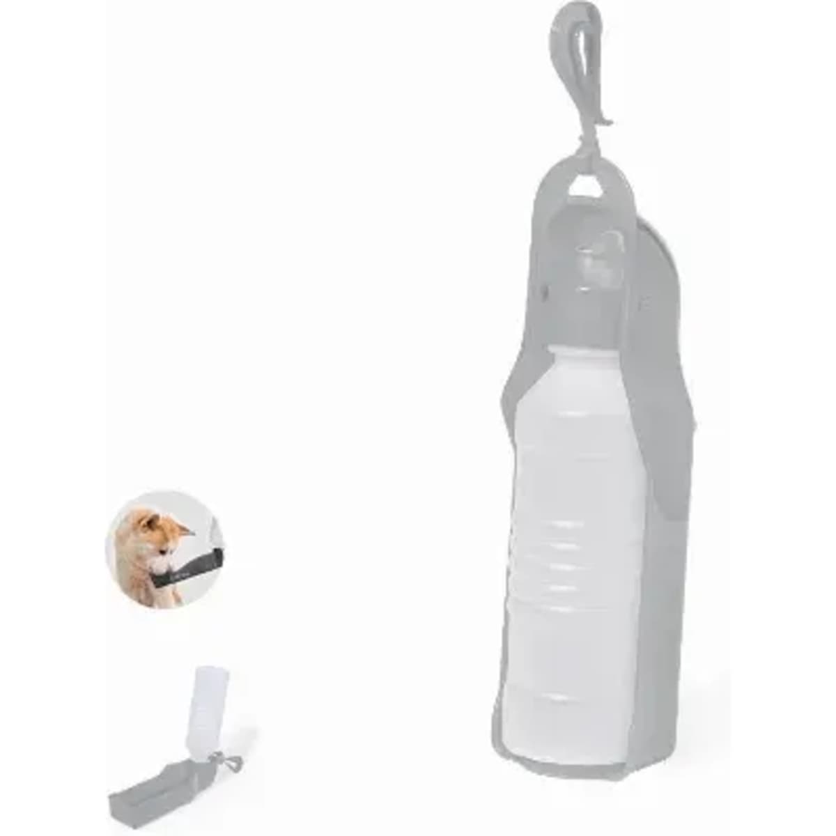 A drink bottle with a grey holder, featuring a clip for attachment and a small accessory for dispensing water.