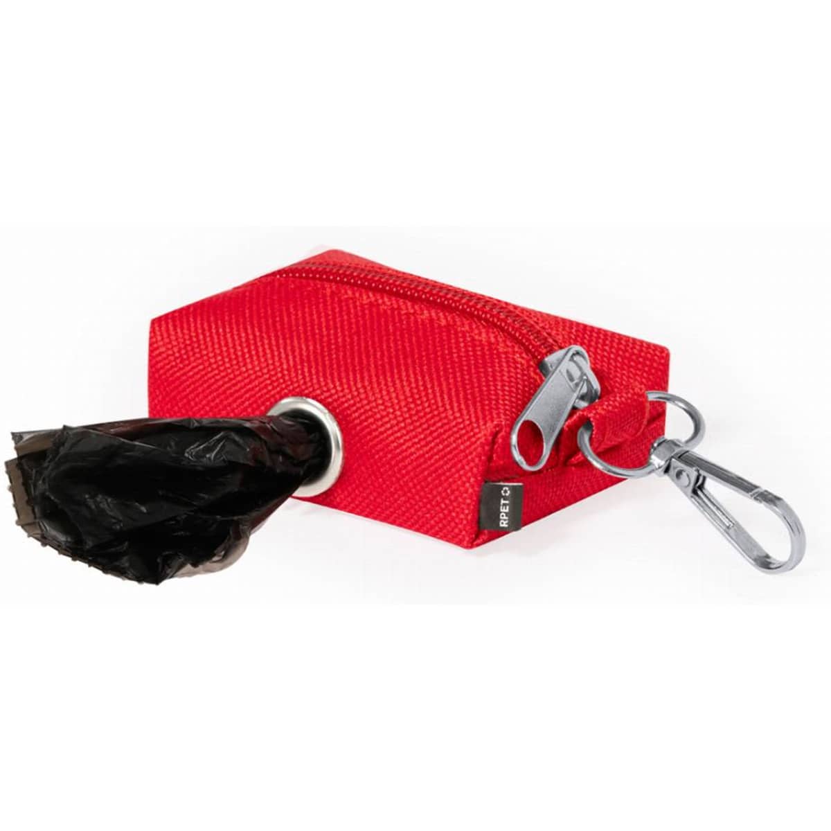 A red pouch with a zip closure and a black bag partially pulled out, featuring a metal clip for attachment.