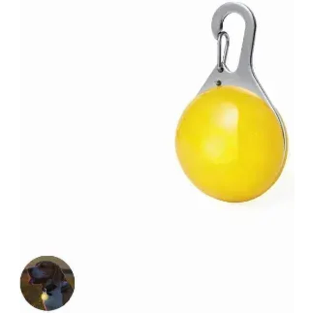 A yellow accessories ball with a silver clip for attachment. It features a shiny surface and rounded shape.