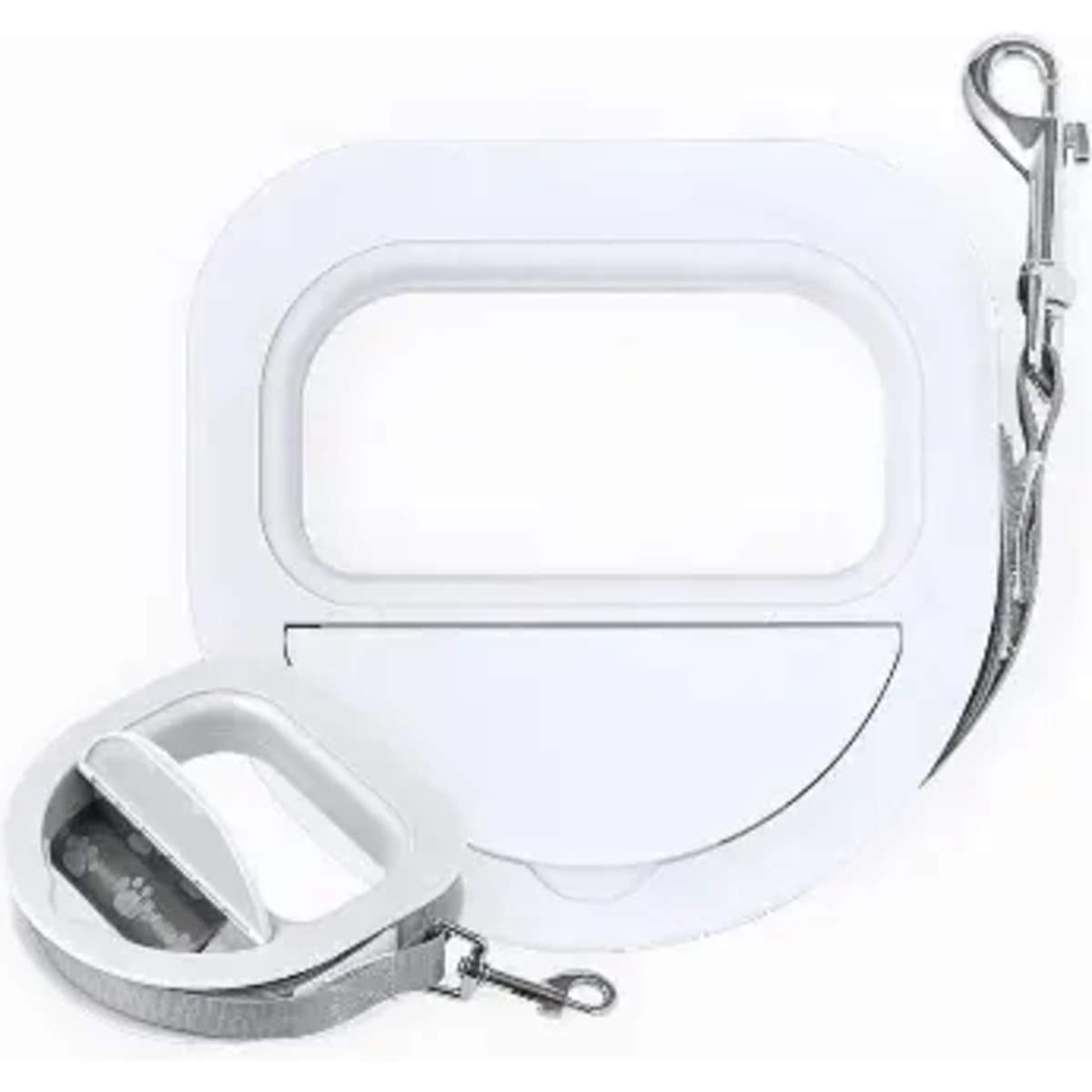 A drink bottle with a white circular lid and a detachable hook for easy carrying.