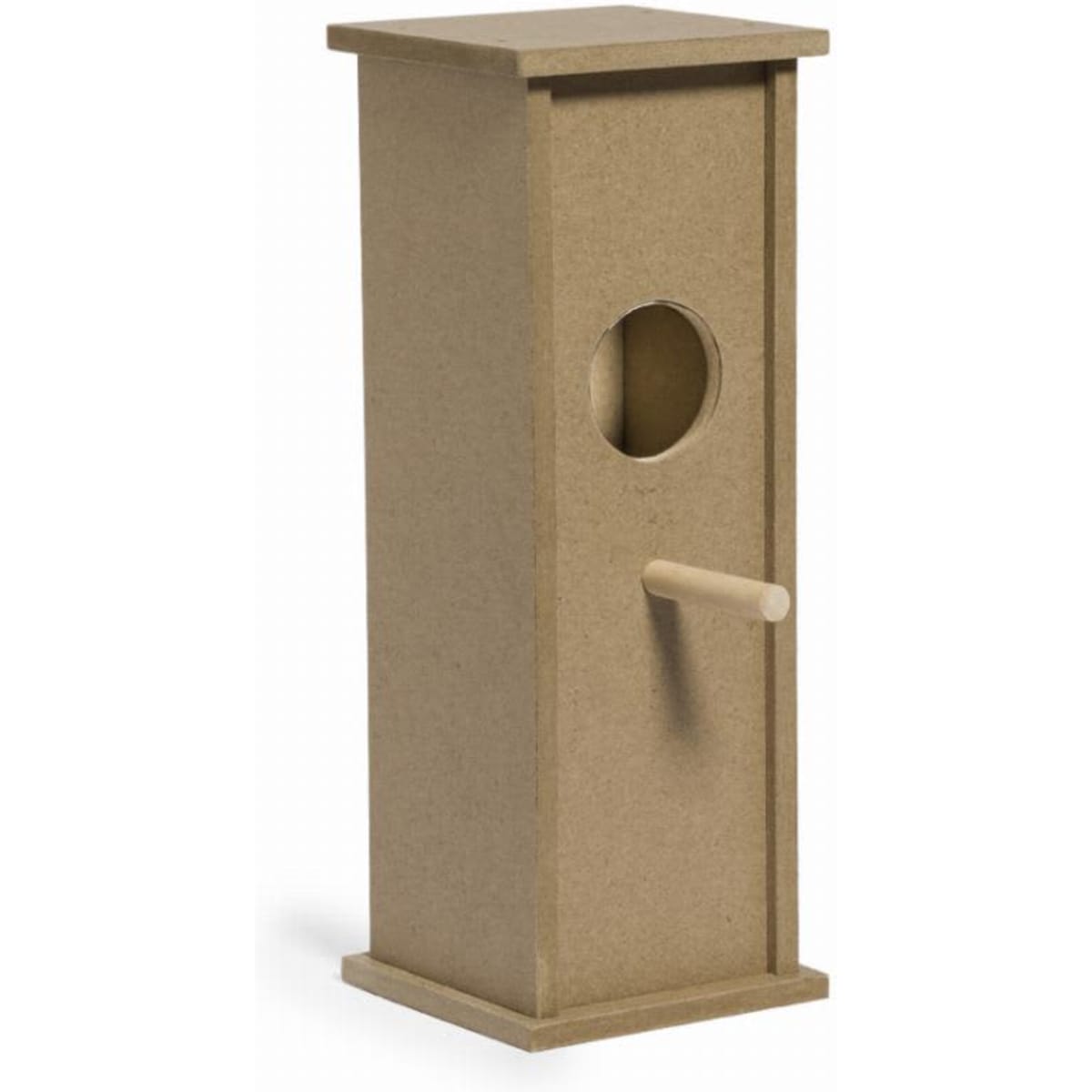 A birdhouse made of natural wood material, featuring a circular entrance hole and a perch.