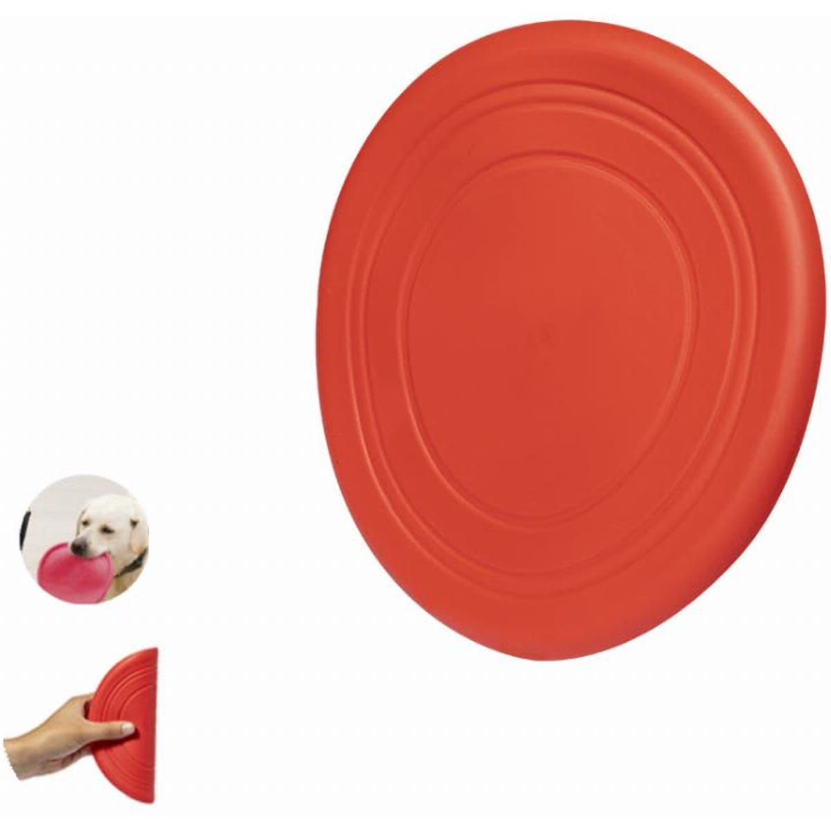 A red dog frisbee featuring a smooth surface, with a hand holding it in one image corner.