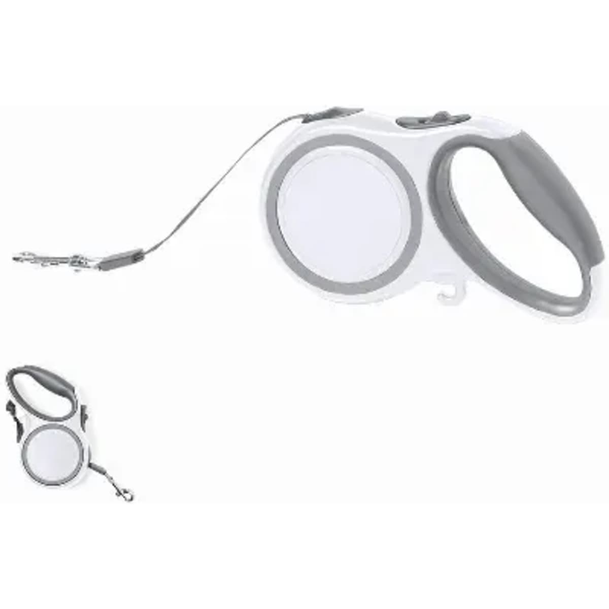 A dog leash with a retractable design, featuring a grey and white handle, and a sturdy clip for attachment.