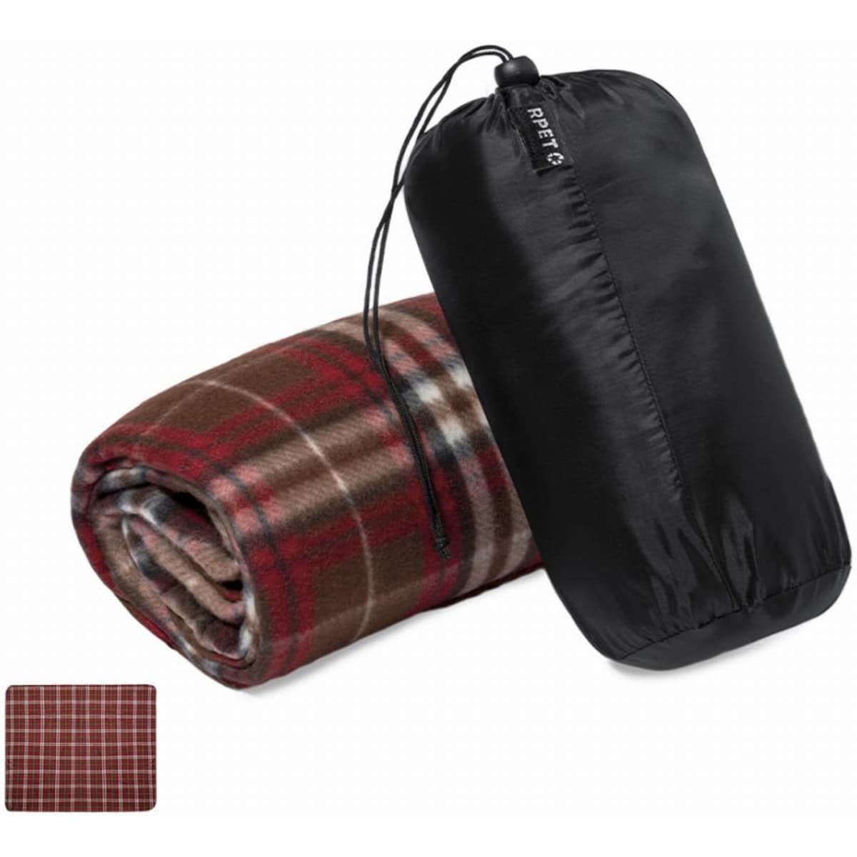 A rolled-up blanket in a black carrying pouch, featuring a red and brown plaid pattern. The blanket is partially visible.