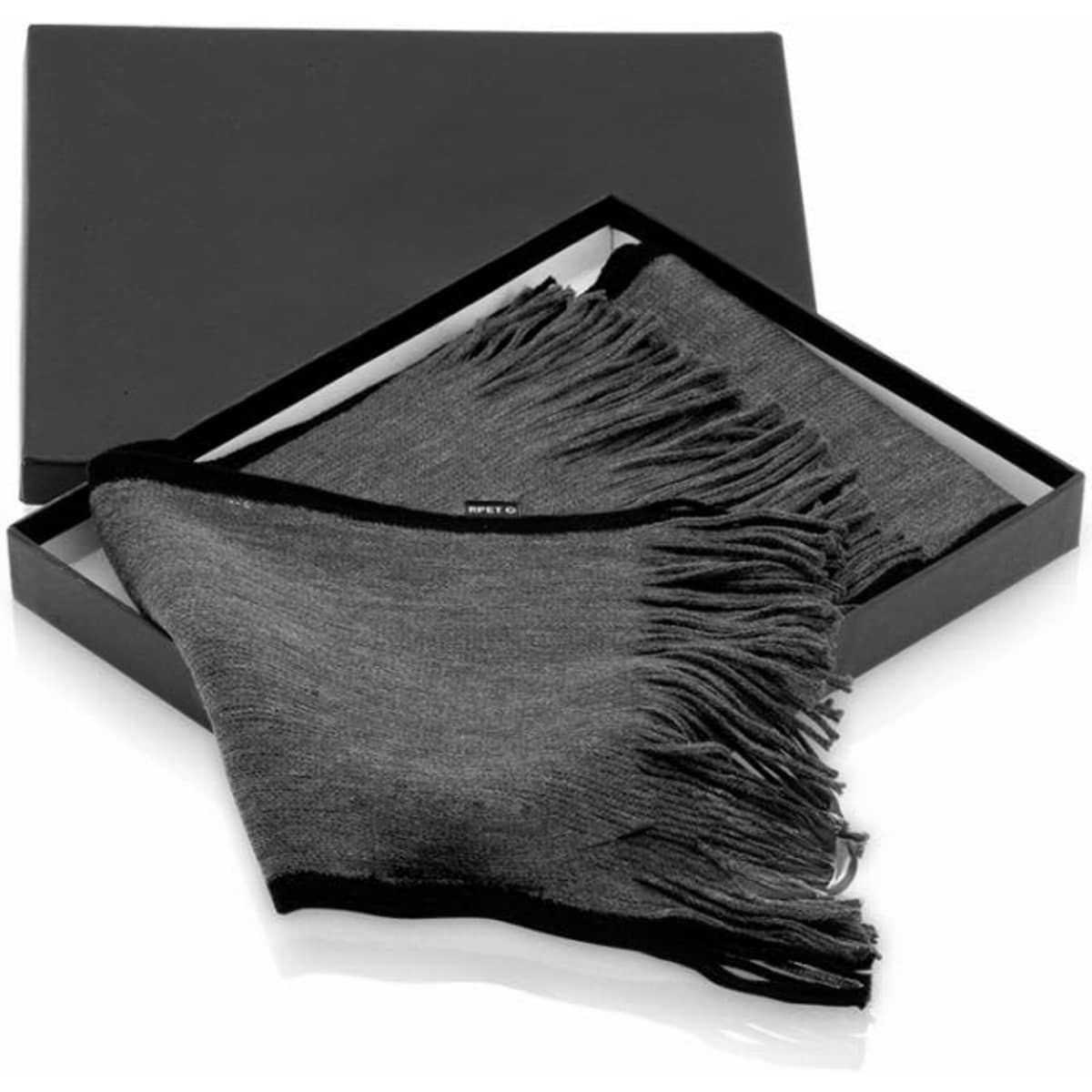 A grey scarf with fringing is presented in a black box. The scarf features a simple design and elegant finish.