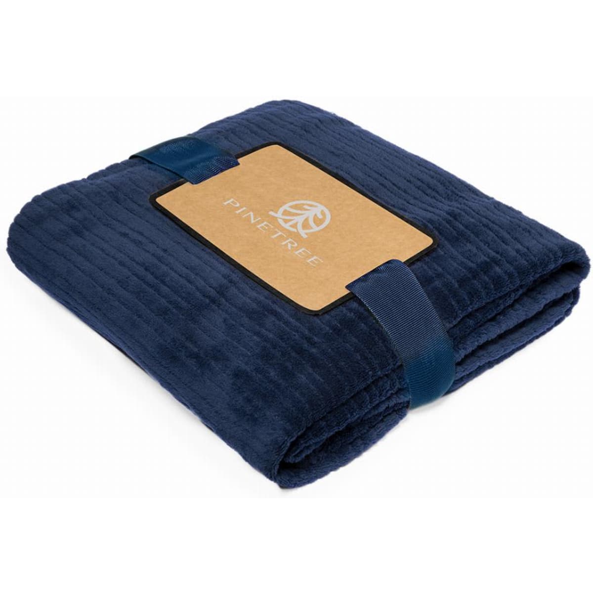 A folded navy blanket with a brown label and strap, featuring a logo. Soft, textured fabric.