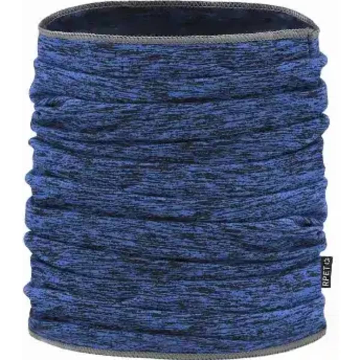 A neck warmer in various shades of blue, featuring a textured design and a small logo tag.