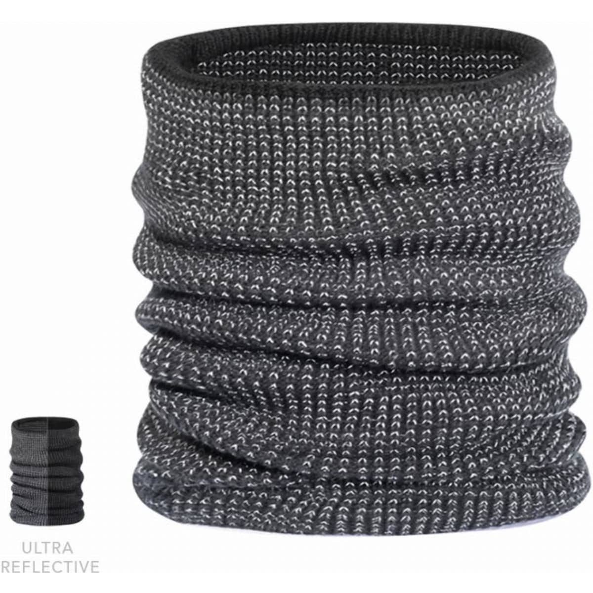 A reflective black neck gaiter with a textured design, displayed in a folded position, featuring a logo.