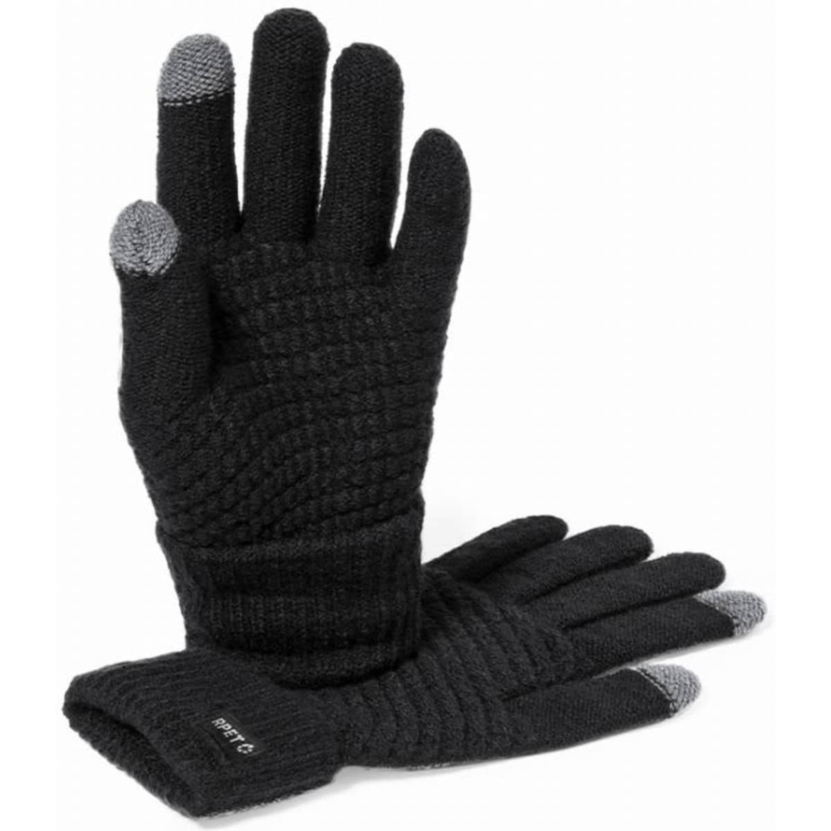 A pair of black touchscreen gloves with grey fingertips, featuring a textured grip on the palms.