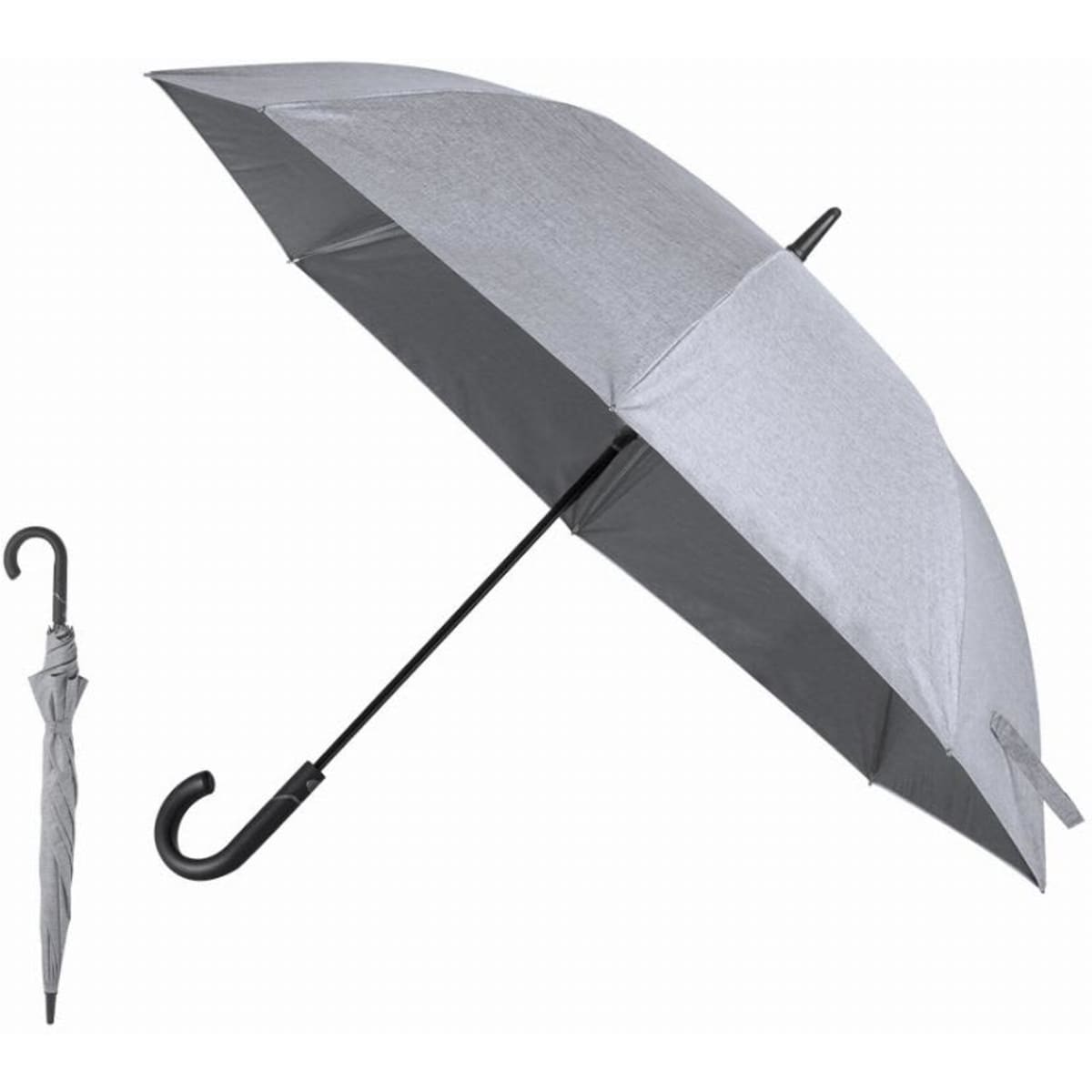 A grey umbrella with a curved black handle, featuring a compact design for easy storage.