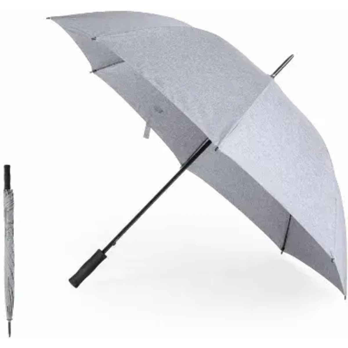 A grey umbrella with a black handle, alongside a compact folded version in a matching grey design.