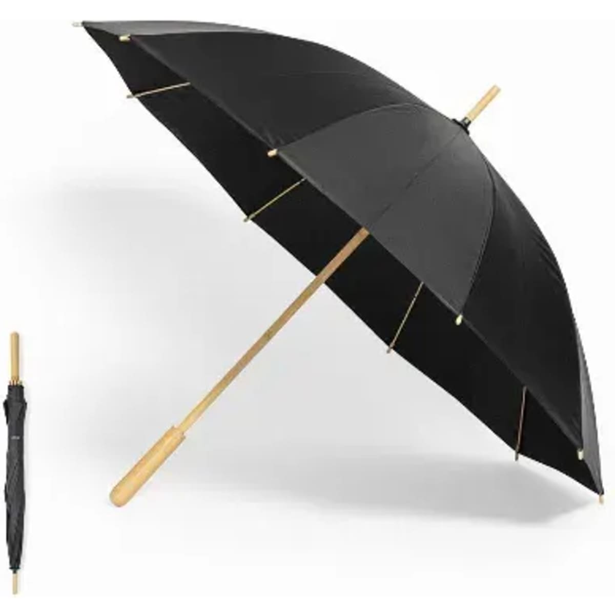 A black umbrella with a wooden handle, displayed open and alongside a folded version.