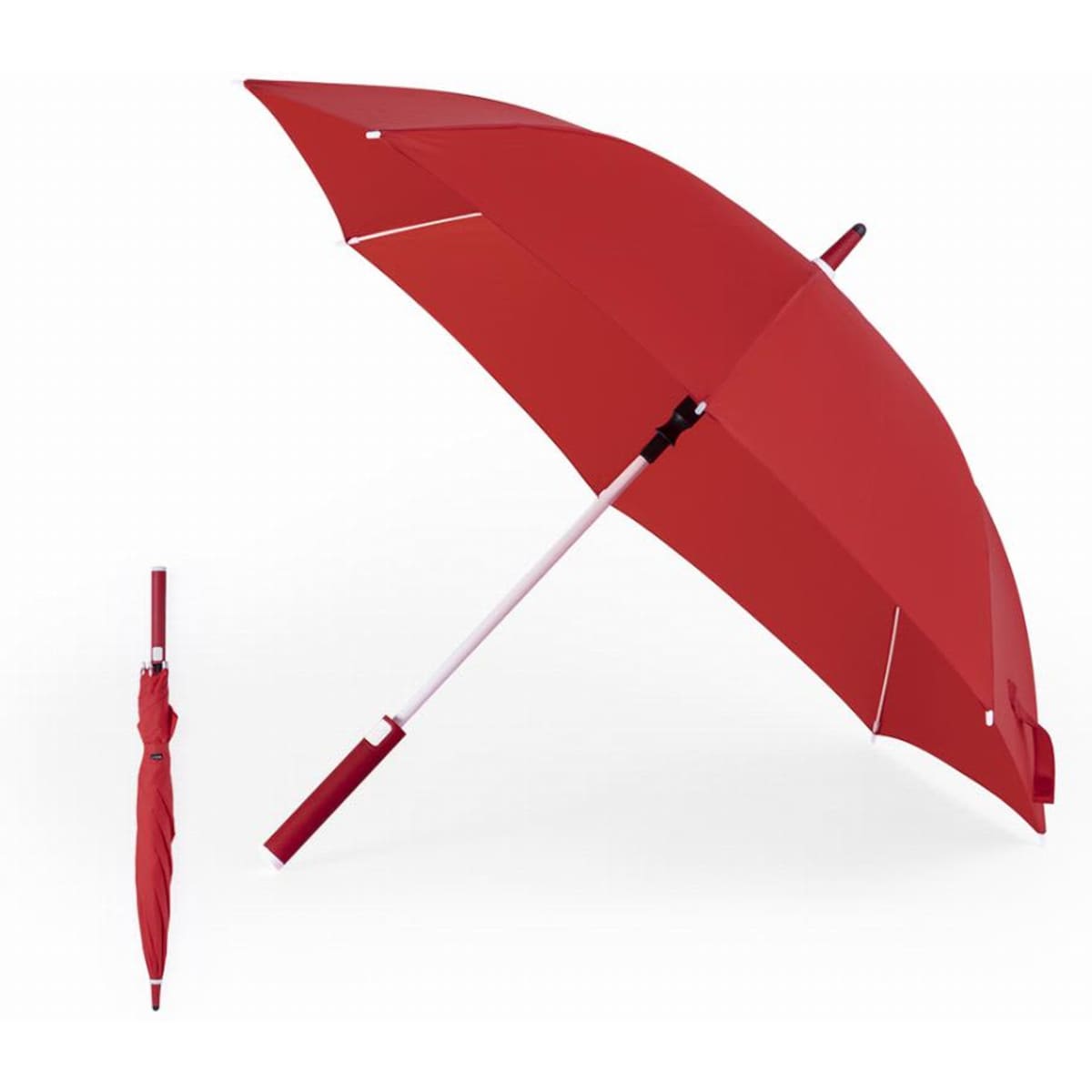 A red umbrella with a white handle, closed and open positions displayed, featuring a simple design and logo.