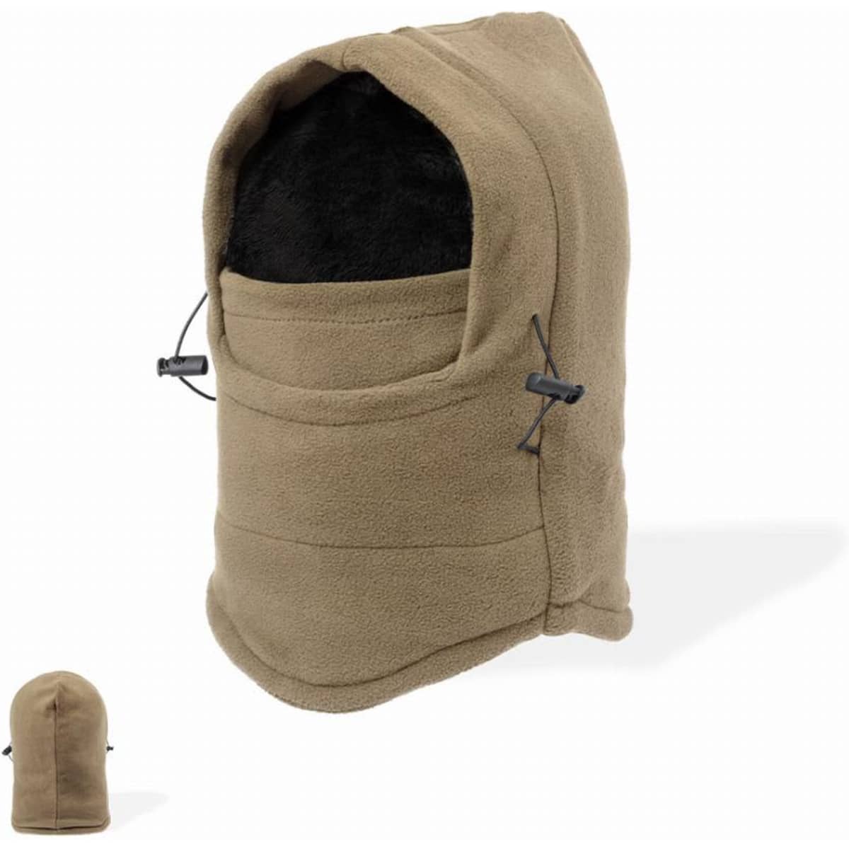 A fleece hooded balaclava in tan and black, featuring adjustable drawstrings for a snug fit.