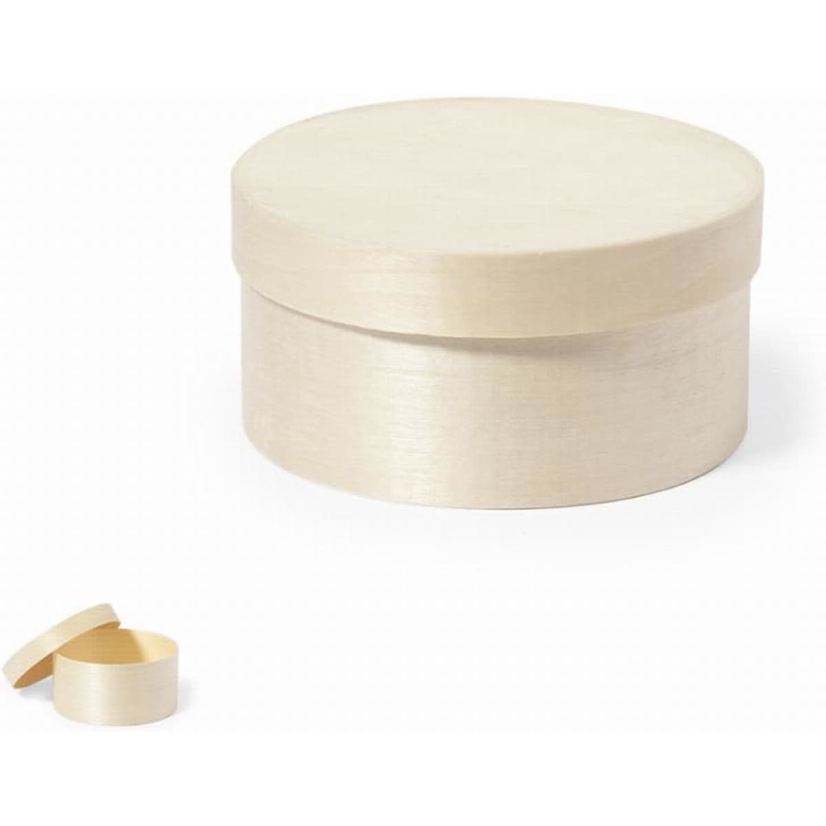 A round cream-coloured box with a removable lid, featuring a smaller matching lid beside it.