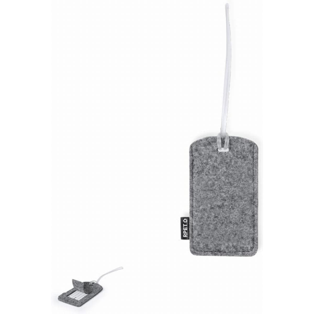 A grey felt luggage tag with a clear loop for attachment, featuring a brand logo.