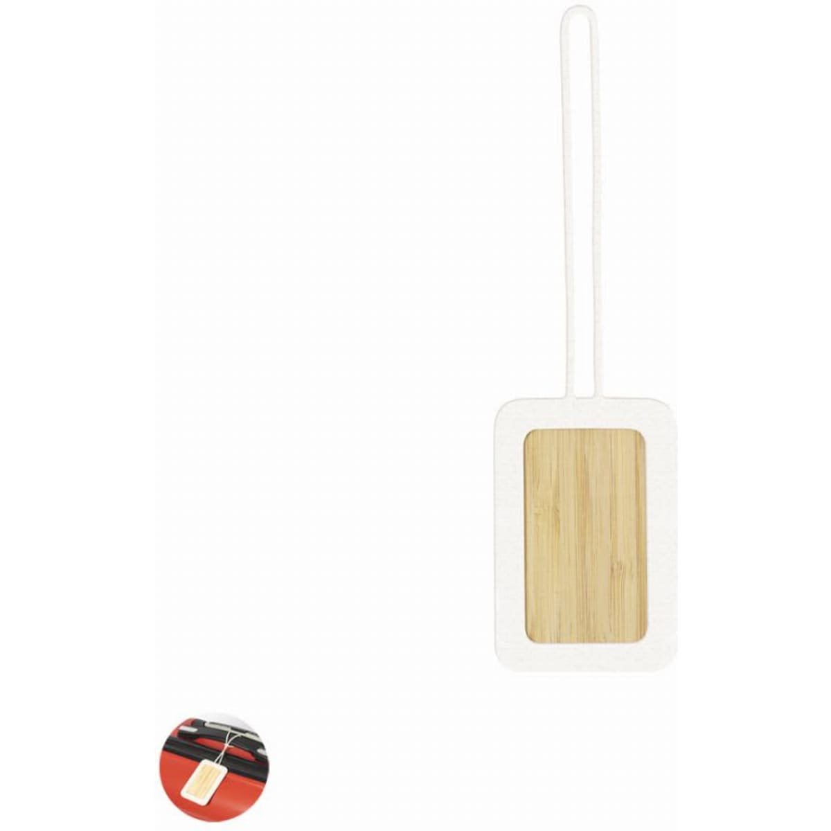 A kitchen utensil with a bamboo paddle and a white handle, featuring a logo.