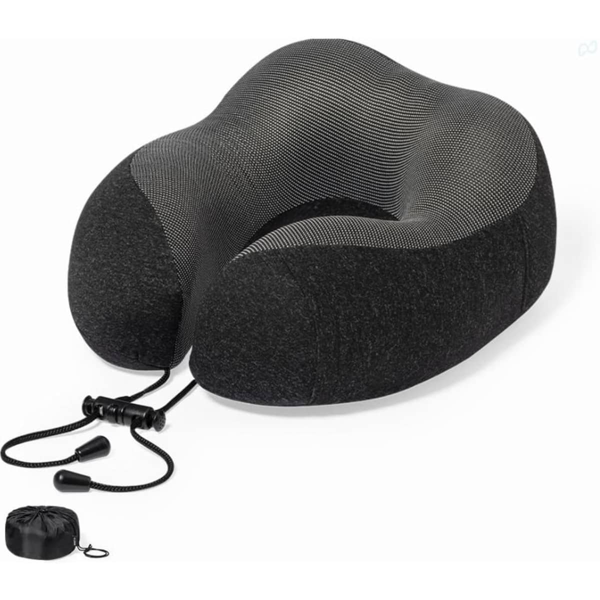 A travel neck pillow with a contoured design, featuring a black and grey fabric. Includes a small carrying pouch.