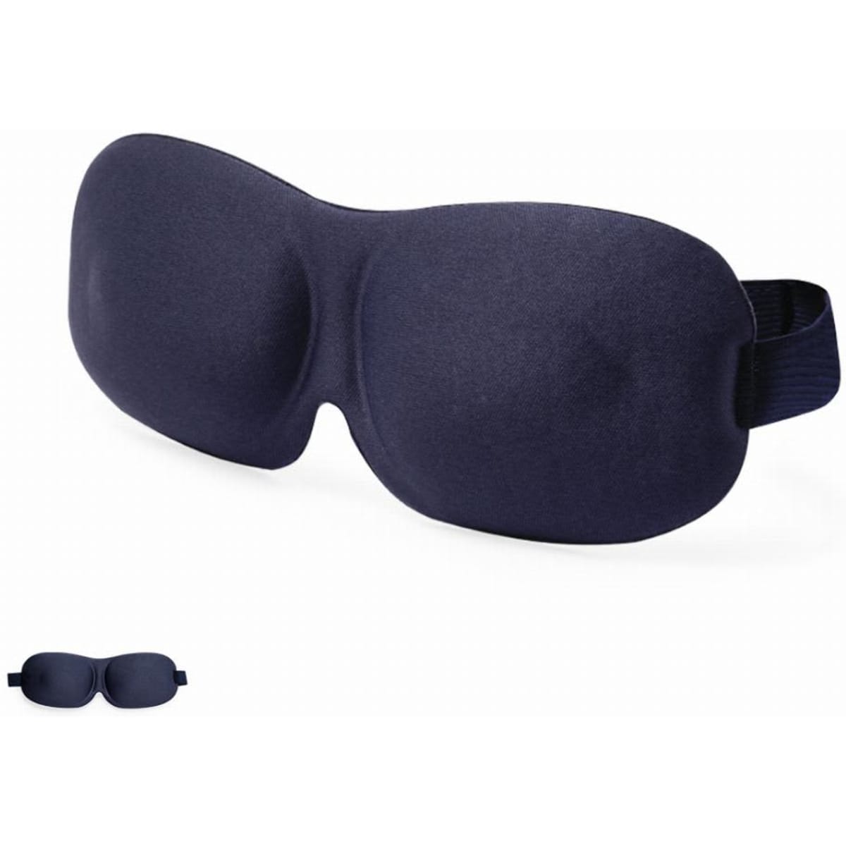A sleep mask in dark navy blue with a soft, contoured design and an adjustable strap.