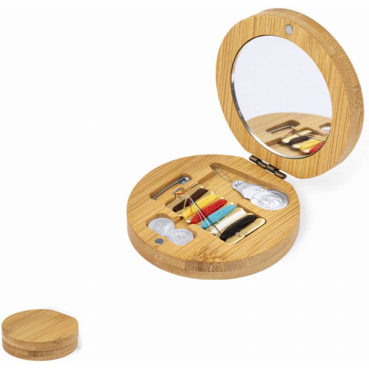 A sewing kit in a round bamboo case, featuring a mirror, threads, needles, buttons, and accessories.