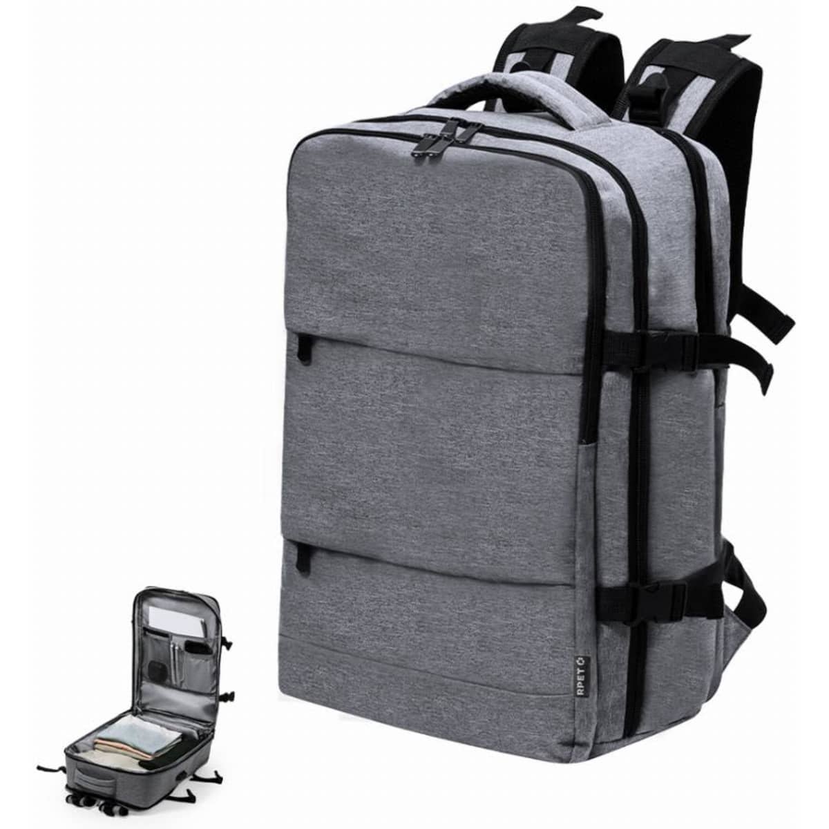 A grey backpack with adjustable straps and multiple compartments. It includes a logo on the side.